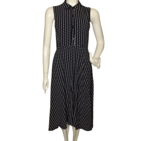 LESLIE FAY Dress, 10, Navy/White Polka Dots, Sleeveless/Collar, Side Zip - Picture 1 of 13